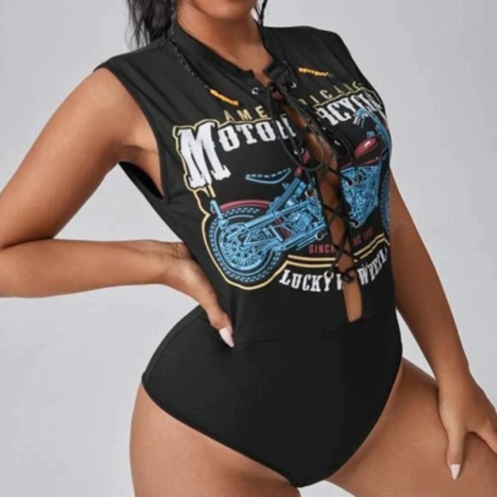 Shein - Motorcycle & Letter Lace Up Bodysuit - 1X